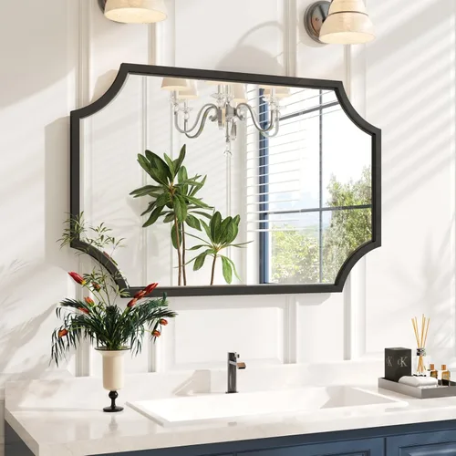 Kelly Miller Espejo de baño negro festoneado para pared, espejo negro de 24 x 36 pulgadas, espejo decorativo de pared con marco biselado para baño