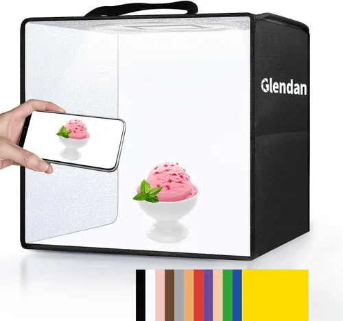 Caja de luz portátil Glendan para fotografía: Caja foto plegable de 40x30 cm con CRI >95, 112 luces LED regulables - 12 fondos de color para