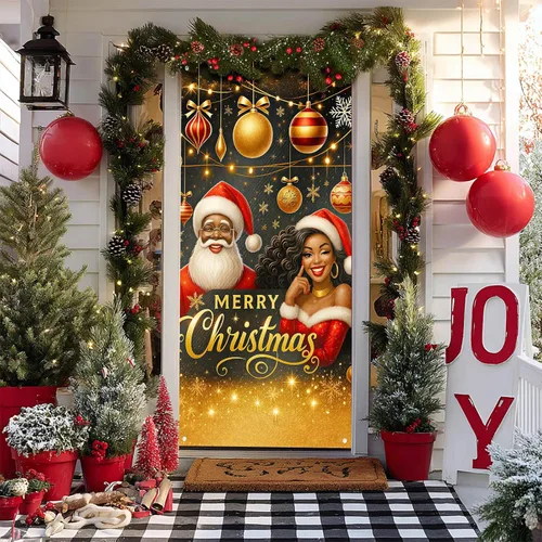 Miniatura 7 de BlissYard Cubierta de puerta de Feliz Navidad de 71 x 35 pulgadas, pancartas para puerta de porche delantero, decoración de invierno, Papá Noel