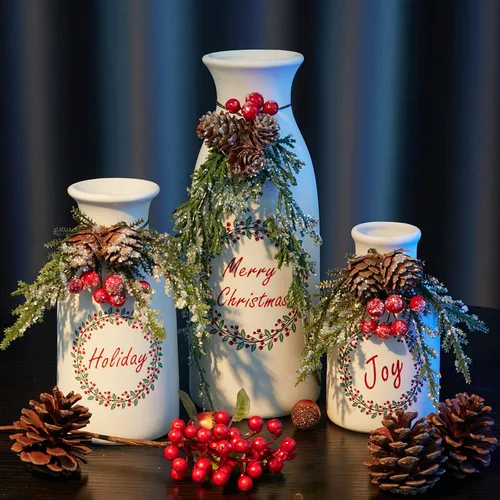 Miniatura 3 de Juego de 3 piezas artificial de Navidad, cubierto con decoraciones de Navidad mixtas, botellas de cerámica blancas