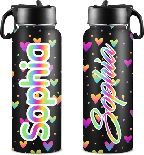 Botellas de agua personalizadas para niñas, de acero inoxidable con aislamiento de doble pared con pajita, botella de agua de color degradado