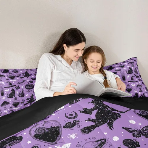 Miniatura 5 de Juego de edredón de Halloween, ropa de cama individual con diseño de calabaza y gato para niñas y niños, juego de ropa de cama de poción mágica