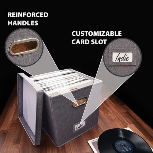 Miniatura 9 de ZICOTO Caja Decorativa de Almacenamiento de Discos de Vinilo para Más de 50 Discos Sencillos - Soporte de LP Robusto y Fácil de Transportar con Tapa
