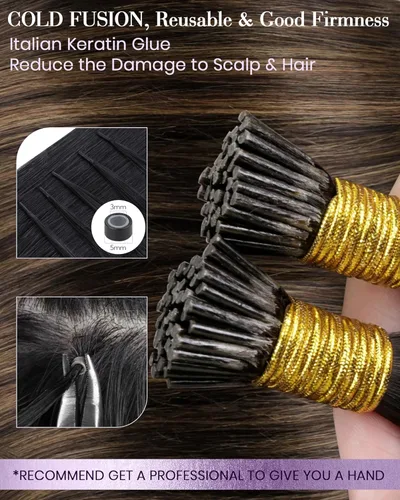 Miniatura 3 de LaaVoo I Tips - Extensiones de cabello humano real con punta en I, color marrón oscuro con balayage, extensiones de cabello humano con punta en I