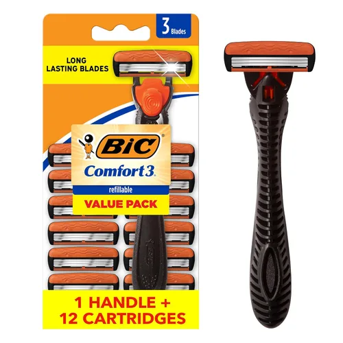 Maquinilla de afeitar recargable BIC Comfort 3 de tres hojas para hombre, maquinilla de afeitar para piel sensible para un afeitado cómodo, 1 mango