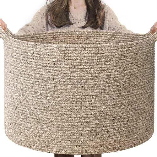 Miniatura 10 de INDRESSME Cesta de Cuerda de Algodón XXXLarge 21.7" x 21.7" x 13.8" Cestas Tejidas para Ropa de Bebé Cestas de Mantas Cesta de Juguetes con Textura