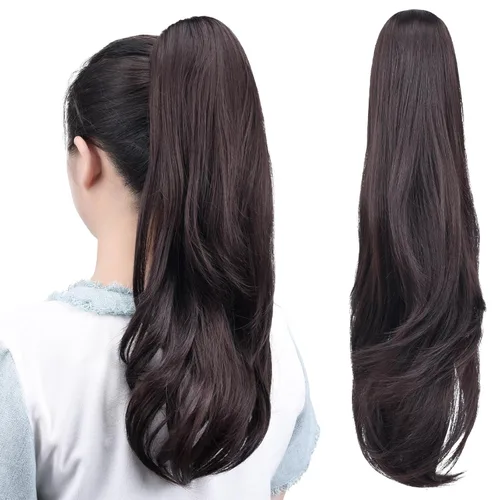 Miniatura 16 de Extensiones de cola de caballo, extensiones de cabello rizado con clip de garra de color marrón oscuro para mujer, peluca sintética de cola
