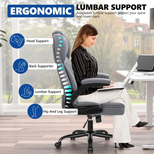 Miniatura 5 de Silla de Oficina Ejecutiva de Cuero PU, Silla Ergonómica de Respaldo Alto para Computadora y Juegos con Altura Ajustable, Giratoria con Ruedas y Gris