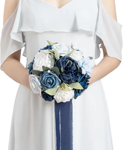 Miniatura 29 de Ling's moment Ramos de flores artificiales de rosas y azules polvorientas para damas de honor, ramo floral azul marino, ramos de dama de honor