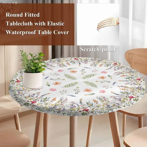 Miniatura 5 de Mantel redondo ajustable con flores silvestres botánicas, manteles elásticos impermeables para interiores y exteriores, mantel elástico para cena