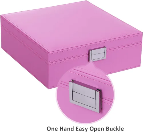 Miniatura 3 de BEWISHOME Soporte organizador de aretes para niñas, funda de 50 ranuras, 6 ganchos para collares, 2 bandejas apilables, caja de joyería rosa