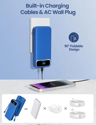 Miniatura 4 de Cargador portátil ligero de 12000 mAh con cables integrados y enchufe de pared de CA, batería de carga rápida PD20W USB-C, pantalla LED, cargador