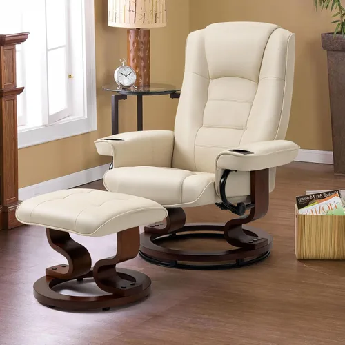 Miniatura 7 de AVAWING Silla reclinable con masaje por vibración, reclinable, de piel sintética, con otomana, giratoria, de madera, para sala de estar, color beige