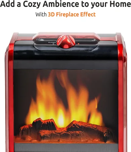 Miniatura 2 de EZ-Heat MTBNT-12 - Mini calentador de espacio para chimenea de 1,200 vatios con llama 3D realista, cuerpo que se mantiene fresco, asa de transporte