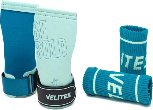 Miniatura 13 de Velites - Puños oficiales Quad Pro de Games - con tiza - Pulseras incluidas - Pull-ups, musculares y dedos de los pies a la barra 2-Azul claro