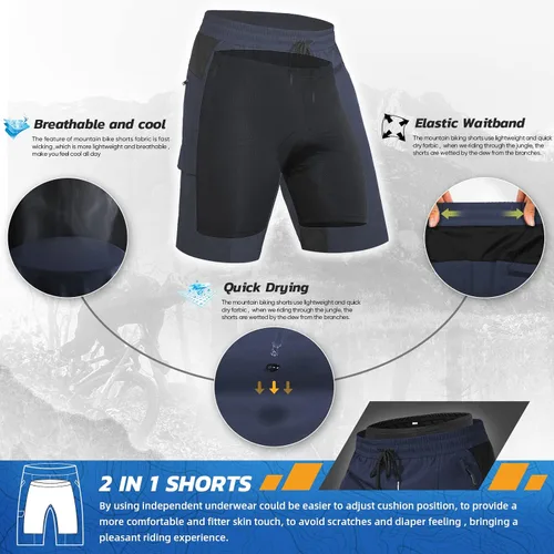 Miniatura 2 de Hiauspor Pantalones cortos acolchados de ciclismo de montaña para hombre, ajuste holgado, de secado rápido, para ciclismo con 5 bolsillos