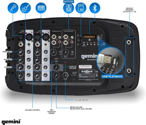 Miniatura 5 de Gemini ES-210MXBLU con bluetooth, sistema PA portable con mezclador de alimentación desmontable.