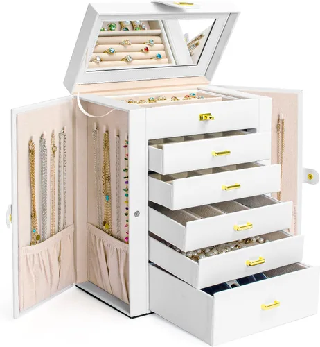 AKOZLIN Joyero grande organizador funcional con cerradura con espejo grande, estuche de almacenamiento de joyas de cuero para mujeres y niñas,