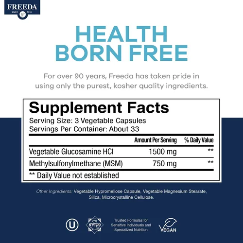 Miniatura 4 de Freeda Vegan Glucosamine MSM – Glucosamina Vegetariana HCl 1500 mg sin mariscos + MSM 750 mg para apoyo articular, flexibilidad y movilidad