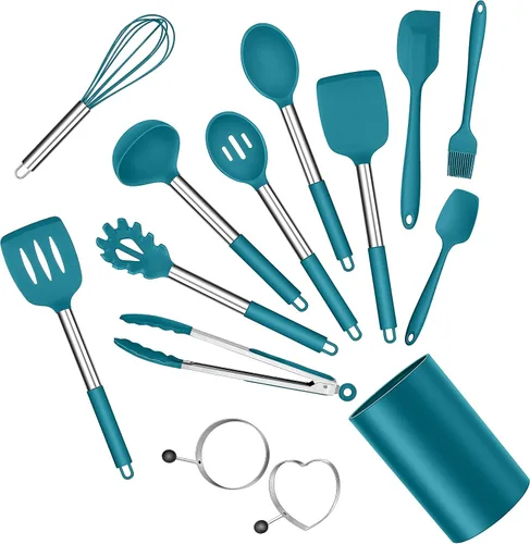Miniatura 10 de E-far - Juego de utensilios de cocina de silicona, juego de 30 utensilios de cocina con soporte, espátulas de cocina resistentes al calor, cucharón