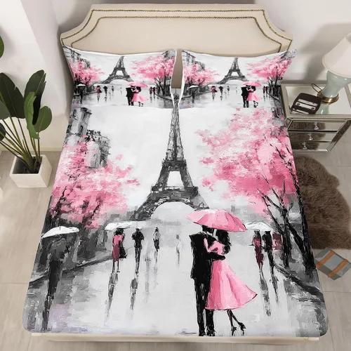Miniatura 3 de Juego de sábanas decorativo de París con Torre Eiffel francesa, juego de 4 piezas para cama King, juego de sábanas de acuarela de cerezas