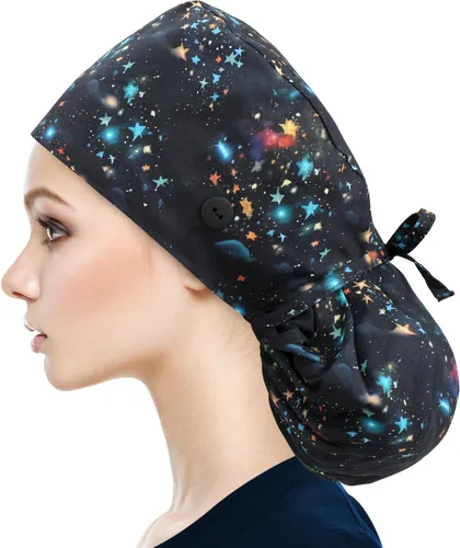 Miniatura 2 de QBA Gorra de trabajo ajustable con botón, gorro forrado de satén, gorro de trabajo de algodón, banda elástica para atar en la espalda, unisex