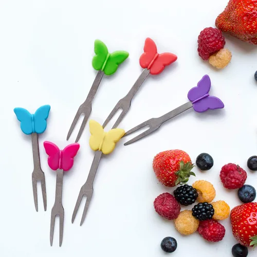 Miniatura 4 de Tenedores de cóctel, 6 tenedores de aperitivos, mariposas, tenedores pequeños de acero inoxidable y silicona para frutas, queso, aperitivos