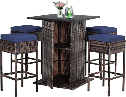 Miniatura 14 de Tangkula - Juego de barra para patio, 3 piezas de mimbre para exteriores, con 2 taburetes con cojines y mesa con cubierta de cristal, color gris