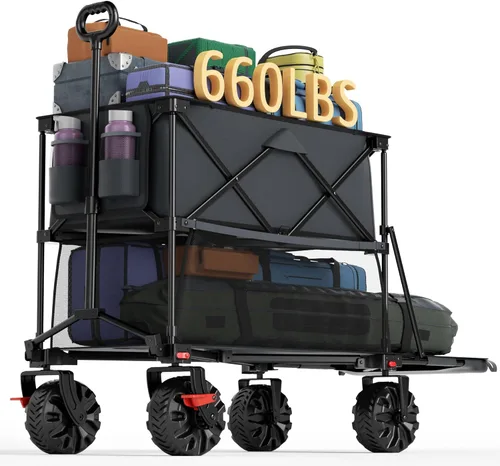 Miniatura 12 de Portal - Carro plegable grande de doble cubierta con frenos, carro de utilidad plegable resistente de 660 lb, ruedas grandes todo terreno de 400 L