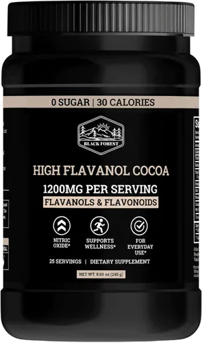 Black Forest Cacao en polvo de alto contenido de flavanol, 1200 mg de flavanoles y flavonoides con 600 mg de epicatequina, extracto de cacao oscuro