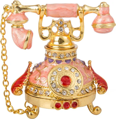 QIFU Caja de baratijas con forma de teléfono rosa vintage pequeña con esmalte rico y diamantes de imitación brillantes, regalo único para la familia