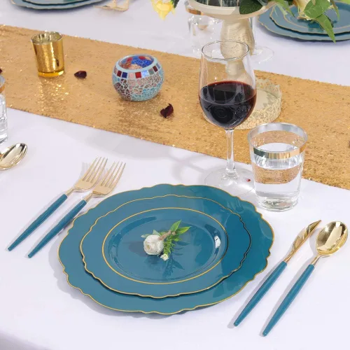 Miniatura 4 de NERVURE - 102 platos de plástico dorados, diseño de cristal transparente, desechables, para fiestas de boda; incluye 51 platos de plástico para cena