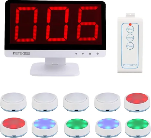 Miniatura 10 de Retekess Zumbadores TM101 para juegos de trivia, zumbadores de peligro con luz, añade hasta 32 botones, 262 pies, zumbadores de programas