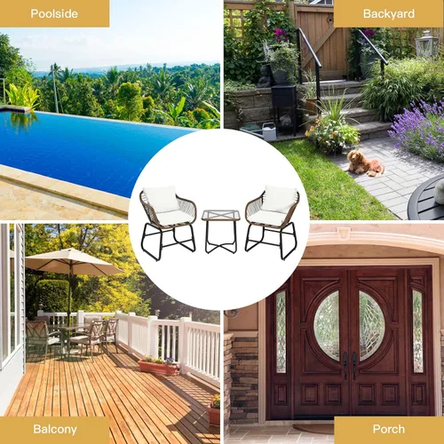 Miniatura 5 de COSTWAY 3PCS Patio Rattan Bistro Set Silla acolchada Mesa de vidrio Cubierta Blanco 3-Como se muestra en la imagen.