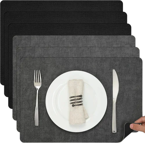 Miniatura 68 de Myir JUN Juego de 6 manteles individuales de doble cara, de piel sintética, para interiores, para mesa de comedor, exteriores, cuadrados, Negro