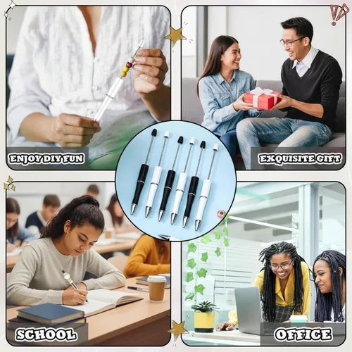 Miniatura 3 de Kosiz - 60 unidades de bolígrafos de plástico con cuentas, bolígrafos de bola de tinta negra para niños, estudiantes, regalos, suministros de Blanco