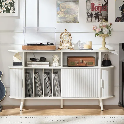 Miniatura 14 de LELELINKY - Soporte grande redondo para tocadiscos con estación de carga y estante de exhibición acanalado, gabinete para tocadiscos color negro
