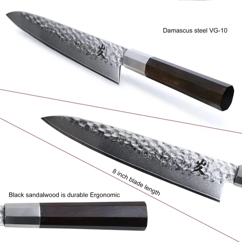 Miniatura 9 de SAMCOOK - Cuchillo de chef japonés – Cuchillo de cocina profesional de 8 pulgadas con acabado martillado de Damasco, cuchillo de cocina de acero