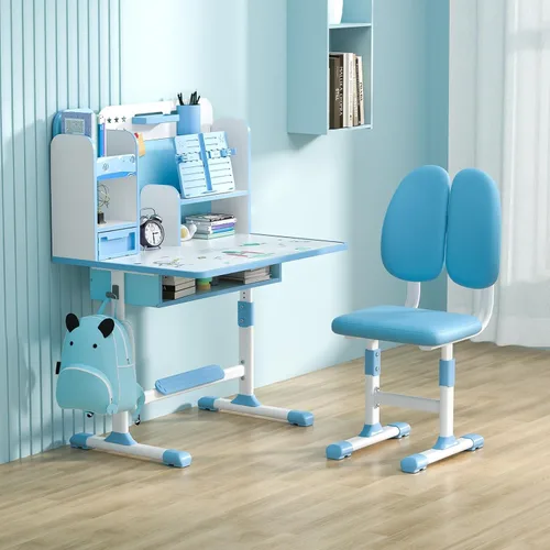 Miniatura 4 de Juego de escritorio y silla para niños, juego de mesa y silla de estudio para adolescentes, escritorio ergonómico para niños y estudiantes, Azul