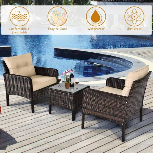 Miniatura 7 de RELAX4LIFE Juego de muebles de patio de 3 piezas, juego de conversación de mimbre de ratán PE para exteriores con mesa de centro de cristal y Beige