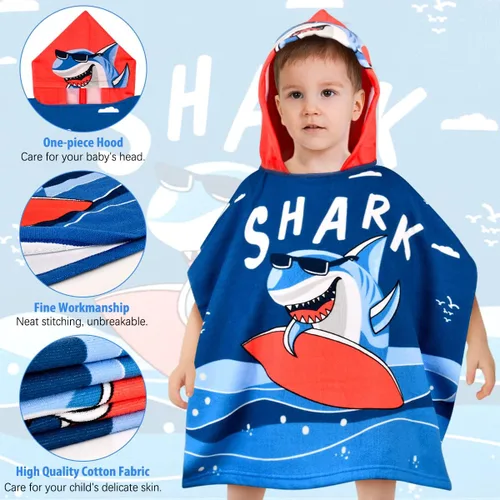 Miniatura 4 de HUANLANG Poncho de baño con capucha para niños y niñas, toalla de algodón súper suave y absorbente para niños de 2 a 6 años Gafas de sol Shark