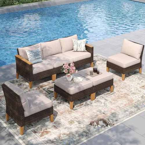 Miniatura 22 de PHI VILLA Otomana de mimbre para patio, 2 piezas, asiento otomano de mimbre para todo tipo de clima, reposapiés para exteriores con cojines