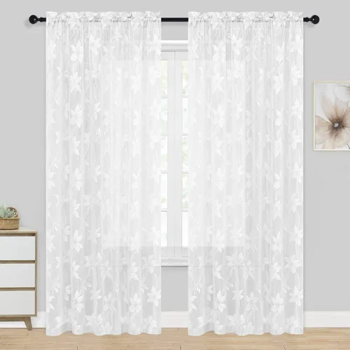 Miniatura 37 de DWCN Paquete de 2 cenefas de encaje floral para cocina, 52 x 18 pulgadas, con bolsillo para barra, cortina de gasa para ventana pequeña, cocina
