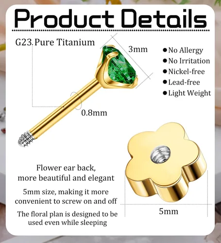 Miniatura 26 de Aretes de titanio G23 hechos a mano de 0.118 in, chapados en oro de 14 quilates, pequeños 5A+CZ, aretes de cartílago hipoalergénicos, aretes