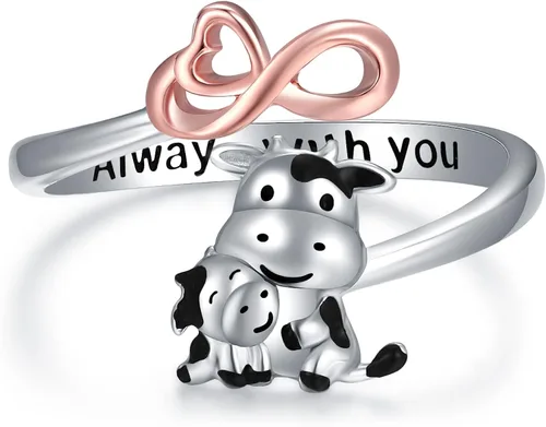 Senpotly Anillo de plata de ley 925 con diseño de vaca para mujer, delicado anillo para madre e hijo, adorable madre e hija, anillo de vaca, regalo