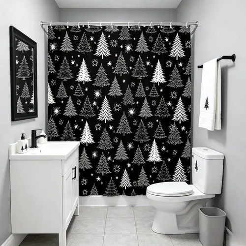 Cortina de ducha con diseño de árbol de Navidad, color negro y blanco, diseño de árbol de Navidad retro, copo de nieve, diseño de pino de Año Nuevo,