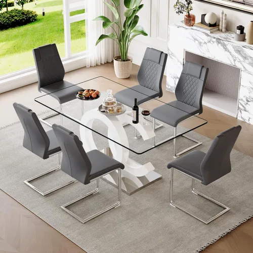 Miniatura 27 de gopop Mesa de comedor de cristal de 63 pulgadas, mesa de cocina moderna, mesa de comedor de vidrio transparente con patas de diseño único negro
