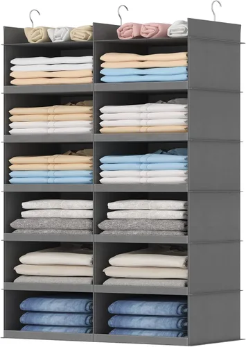 Lifewit Organizador de armario colgante de 6 niveles de doble fila y almacenamiento, estantes anchos de almacenamiento de ropa con 3 ganchos Gris