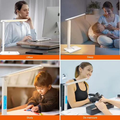 Miniatura 6 de snsok Lámpara de escritorio con cargador inalámbrico, puerto de carga USB, luz de escritorio de oficina regulable con reloj, alarma, fecha, Blanco