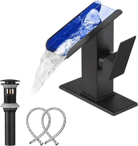 Grifo de baño negro tipo cascada YCCUZA con boquilla abierta, LED de cambio de color, 1-3 agujeros, grifo para lavamanos, manija única con tapón de